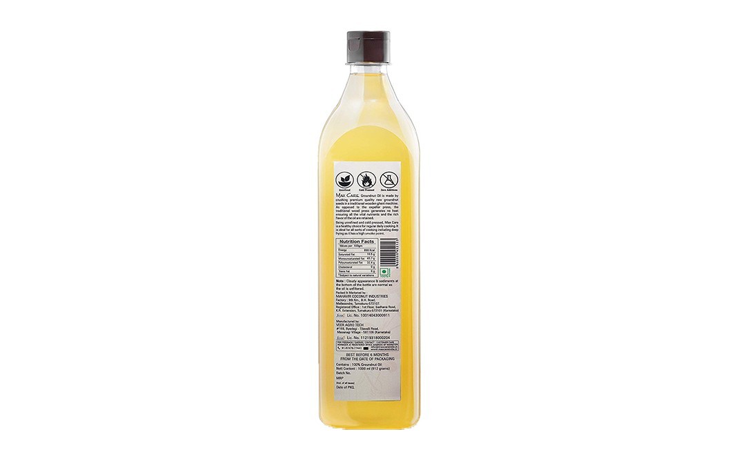 Max Care Cold Pressed Groundnut Oil Wood Pressed Kachi Ghani   Plastic Bottle  1 litre